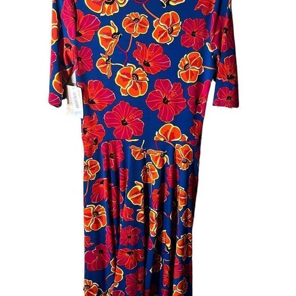 Lularoe Fit and Flare Colorful Dress Royal Blue and Red Hibiscus Sz M. Scoopneck - Picture 5 of 5